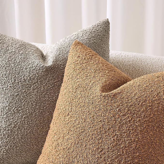 ANRODUO Pack of 2 Textured Boucle Throw Pillow Covers Soft Light Taupe Decorative Accent Solid Pillow Cases Cozy Modern Couch Cushion Case for Chair Sofa Bedroom Living Room Home Decor, 18 x 18 Inch