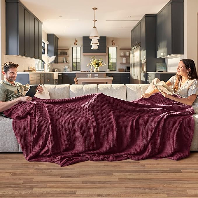 Bedsure Gentlesoft 100% Cotton Blanket King Size for Bed - Breathable and Soft, Thick Cozy Waffle Weave Christmas Blanket Gift for Women, Red, 104x90 inches
