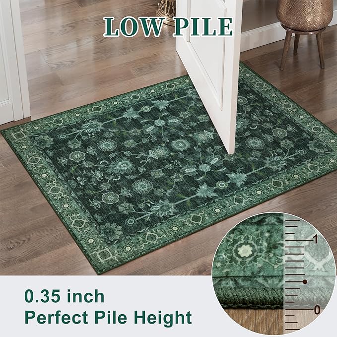 Tangsoo 2x4 Washable Entry Rug, Small Green Area Throw Rugs for Entryway Non Slip, Distressed Vintage Floral Thin Rug for Kitchen Bedroom, Low Pile Floor Carpet Front Door Mat for Entrance Foyer Decor