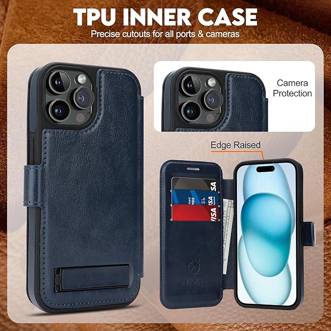 CIVICASE for iPhone 14 Pro Max Wallet Case with Stand,PU Leather Flip Credit Card Holder Slots (RFID Blocking),Compatible with Magsafe Magnetic Holder Phone Cover Women Men,Blue
