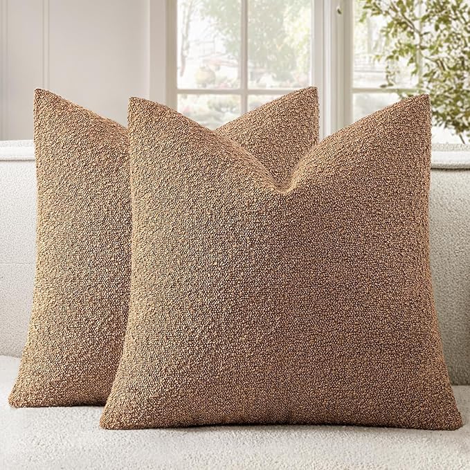 Woaboy Pack of 2 24x24 Inch Decorative Boucle Throw Pillow Covers Textured Square Pillowcaes Accent Euro Solid Cozy Soft Cushion Covers Home Decor for Sofa Couch Living Room Home Decor,Brown