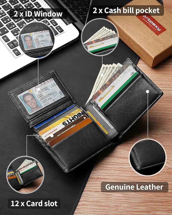 Artpaxy Mens Wallet Genuine Leather Bifold RFID Blocking Wallet for Men with 2 ID Windows 12 Card Holders 2 cash pockets 1 Gift Box