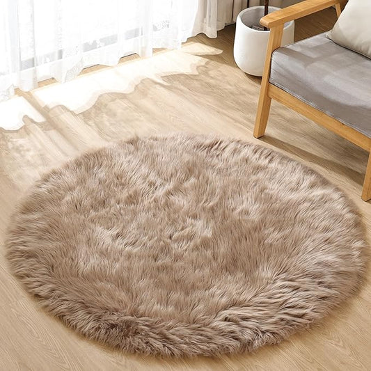 Beige Round Cozy 4ft Shag Rug Washable Furry Soft Area Rug for Living Room Bedroom Cute Nursery Decor Circle Carpet Faux Fur Fluffy Home Décor