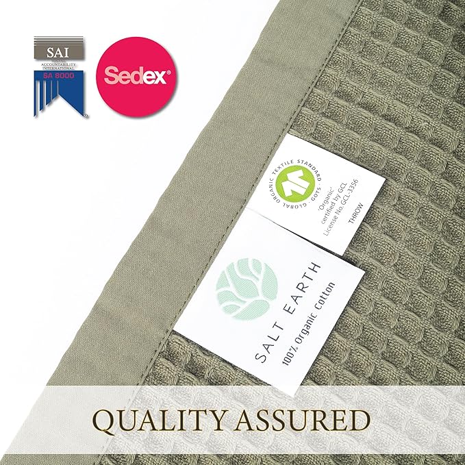 Salt Earth GOTS Certified 100% Organic Cotton Throw Blanket, 55"x60" Waffle Blankets & Throws for Bed, Throw Blanket for Couch, Cozy Christmas Blankets and Throws for Christmas Gifts (Ivy Green)