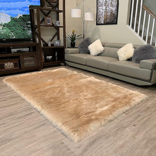 LAMBZY High Pile Super Fluffy Soft Faux Sheepskin Rug | Faux Sheepskin Rugs for Living Room Playroom Bedroom | Classic Super Soft to Touch Rug (10'x13', Beige)