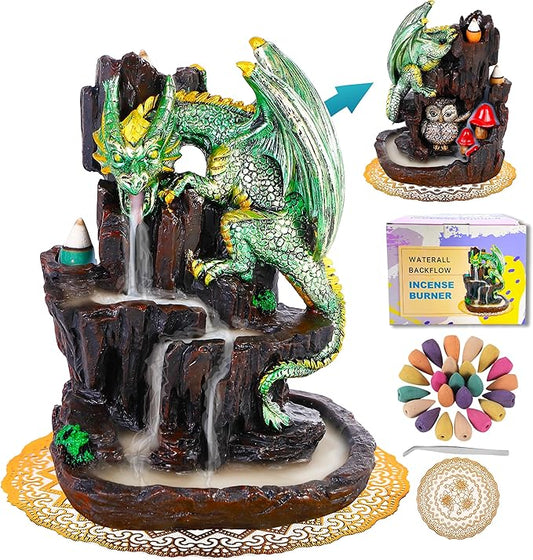 Dragon Backflow 2 Sided Mountain Waterfall Incense Burner,Fountain Smoke Incense Holder with Backflow Incense Cones, Tweezers, Mat，Resin Aromatherapy Meditation (Green)