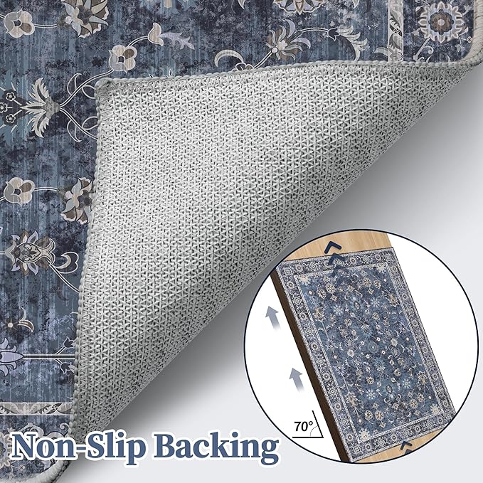 Tangsoo 2.6x10 Washable Runner Rug for Hallway Non Slip, Boho Floral Vintage Carpet Long Runner Rugs for Entryway Kitchen, Floor Low Pile Runners for Laundry Bedroom Alfombra Blue Black Farmhouse