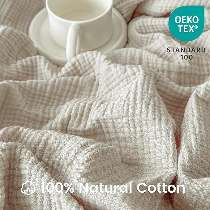 FALUCA Cotton Muslin Reversible Blanket Twin Size for Bed, Couch, Four Layers Blanket, Soft Lightweight Cozy Breathable Farmhouse Decoration for All-Season, Khaki