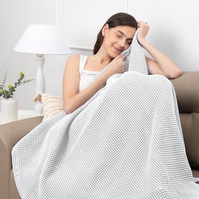 Organic Cotton Waffle Weave Blanket Throw (50" x 60") – Lightweight, Breathable & Soft All-Season Blanket for Couch, Bed, Sofa – Cozy Modern Woven for Beach, Picnic, Travel & Gifts(White)