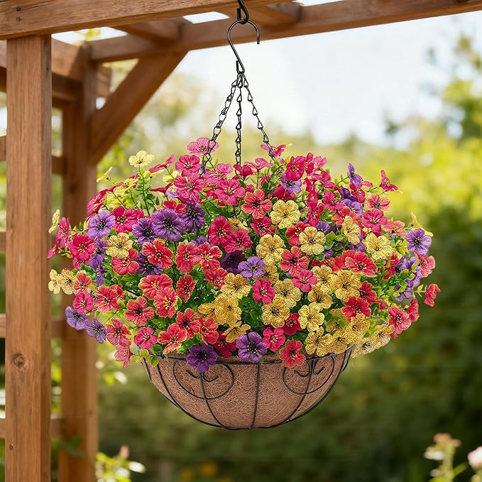 2 Set Artificial Faux Hanging Flowers Plants Basket for Outdoors Outside Spring Summer Decoration,2 Hanging Planters 24pcs Silk Fake Flowers UV Resistant Porch Patio Front Garden Home (4 Multicolor)