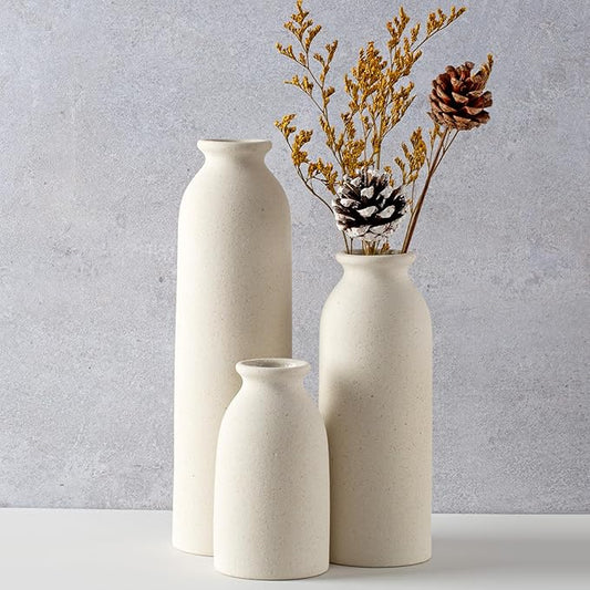 CEMABT Beige Ceramic vase Set-3 Flower vases for Decor,Modern Boho Farmhouse Home Decor,Decorative vase for Pampas Grass&Dried Flowers,idea Shelf,Table,Bookshelf