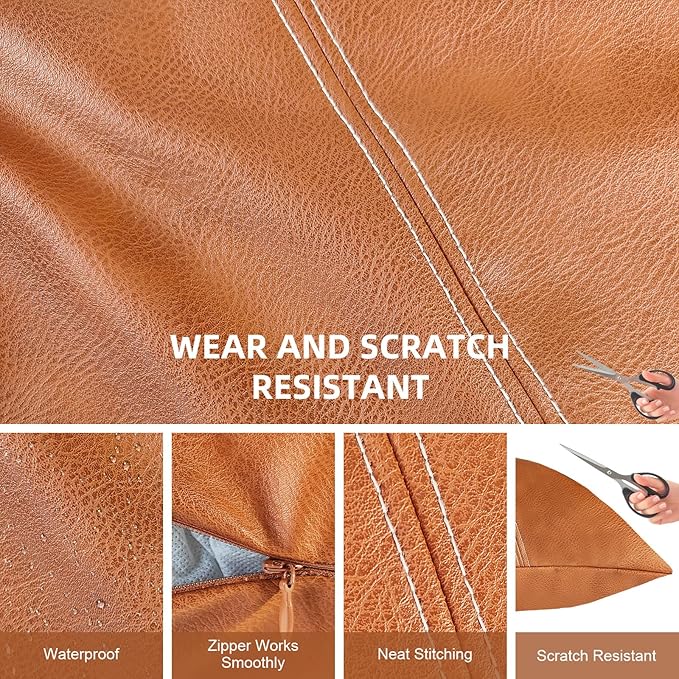 Faux Leather Throw Pillow Covers 20X20 Inch Set of 2 Brown Outdoor Modern Farmhouse Solid Decorative Pillow Covers for Room Couch Living Bedroom Bed Sofa(No Filling Material