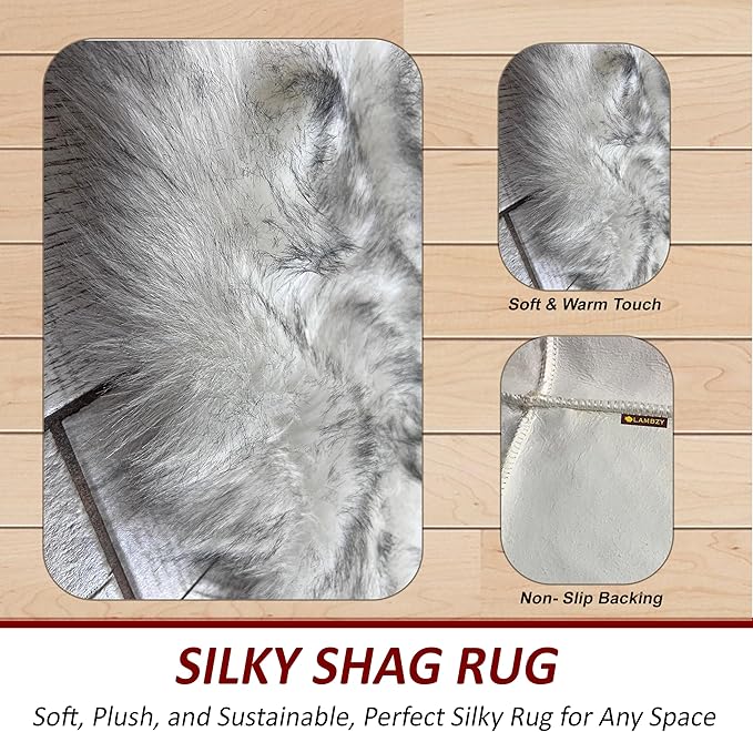 LAMBZY Faux Sheepskin Super Soft Hypoallergenic Silky Shag Rug for Living Room, Kids Room, Sofa (Duo Decto 12 Pelts 6'x12', White/Black Tips)