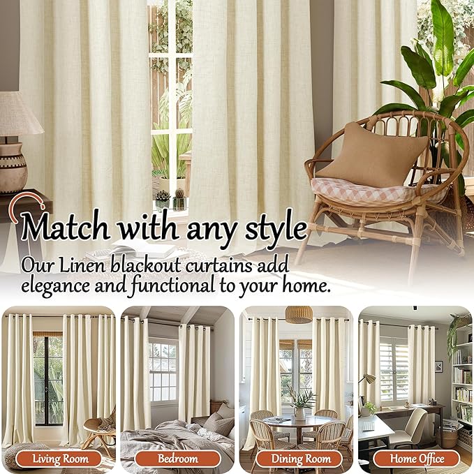 Lajode 45 Inch Length Linen Blackout Curtains for Short Cafe Window, Thermal Insulated Light Blocking Soundproof Privacy Burlap Curtains 2 Panels, Each 38 Inch Wide Cream