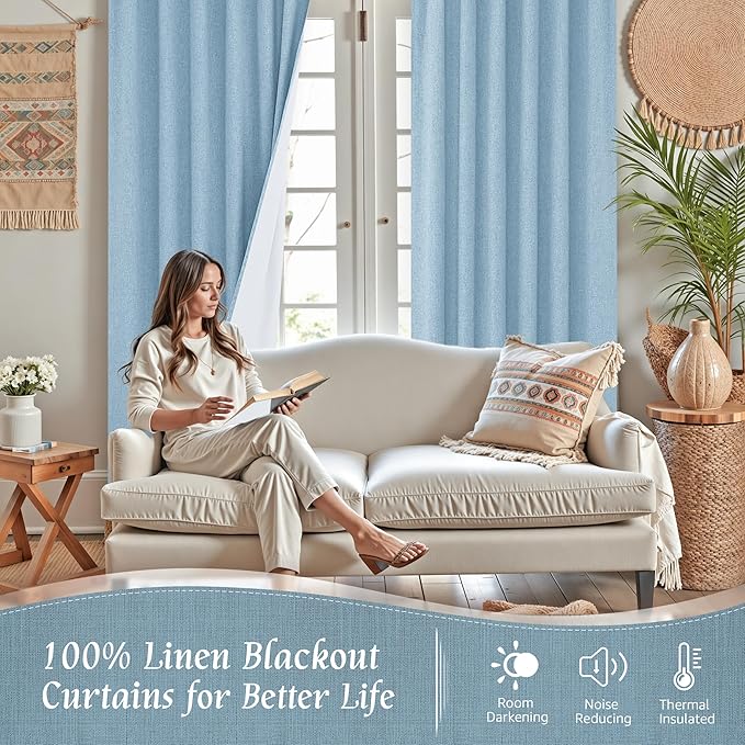 LAMIT Stone Blue 100% Blackout Linen Curtains, 84 Inch Linen Textured Living Room Farmhouse Curtains Room Darkening Back Tab and Rod Pocket Neutral Panels with White Liner, 2 Panels, 60 x 84 Inch