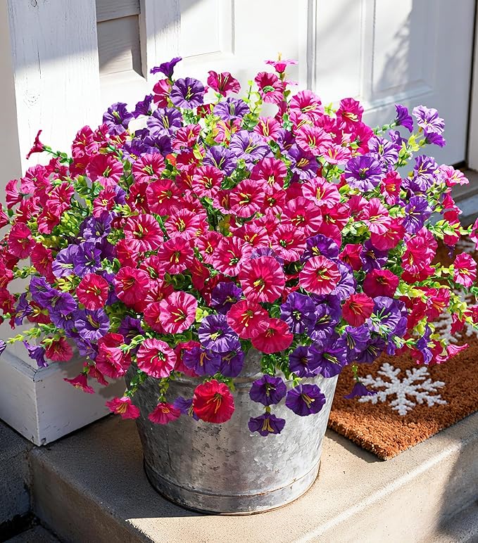 Artificial Flowers Fake Plants for Outdoors Decoration, 12 Bundles Silk Morning Glory with Eucalyptus Realistic UV Resistant Faux Flowers for Outside Planter Porch Yard Patio Garden Home Indoor, Mix