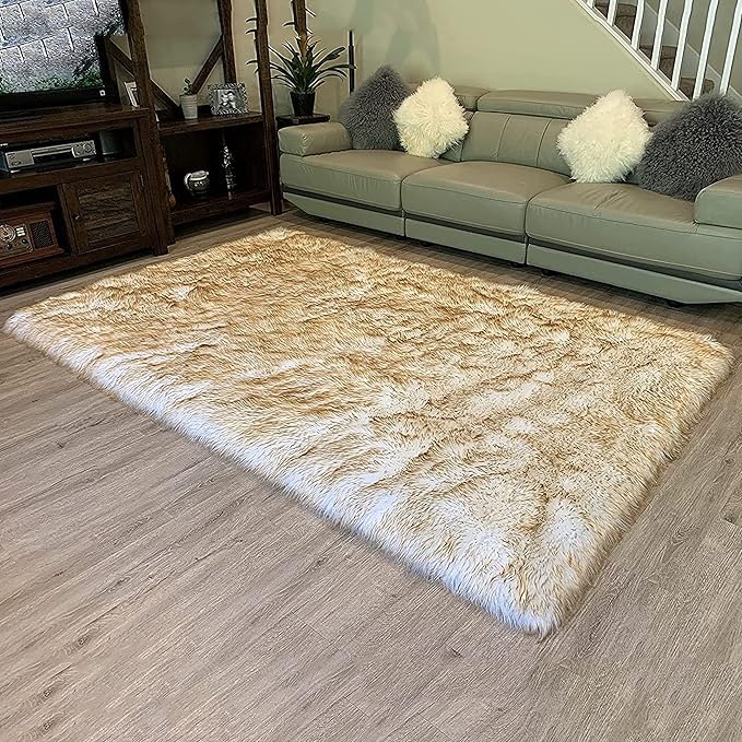 LAMBZY High Pile Super Soft Faux Sheepskin Rug (6'x9', White/Brown Tips)