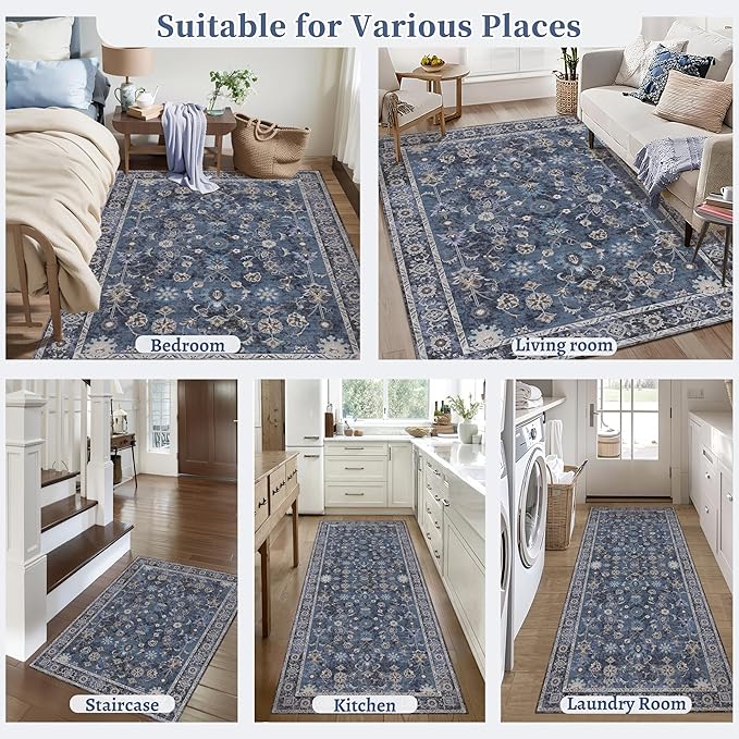 Tangsoo Washable Runner Rug for Hallway Non Slip, 2x5 Boho Floral Vintage Carpet Runner Rugs for Entryway, Floor Soft Low Pile Runners for Kitchen Bathroom Laundry Bedroom Alfombra Blue Farmhouse