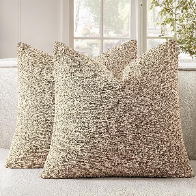 Woaboy Pack of 2 22x22 Inch Decorative Boucle Throw Pillow Covers Textured Square Pillowcaes Accent Euro Solid Cozy Soft Cushion Covers Home Decor for Sofa Couch Living Room Home Decor,Khaki