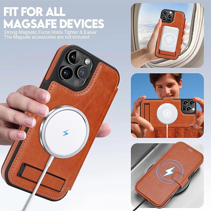 CIVICASE for iPhone 15 Pro Max Wallet Case with Stand,PU Leather Flip Credit Card Holder Slots (RFID Blocking),Compatible with Magsafe Magnetic Holder Phone Cover Women Men,Brown