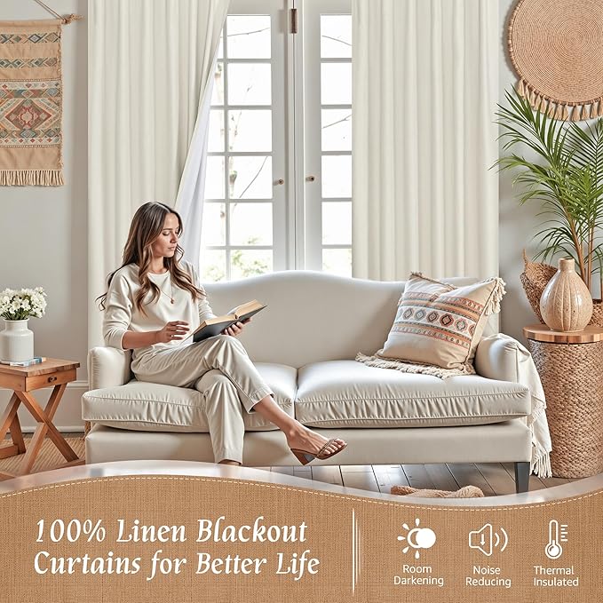 LAMIT 100% Blackout Curtains for Bedroom, 90 Inch Linen Textured Thermal Insulated Living Room Curtains Back Tab and Rod Pocket Farmhouse Neutral Panels with White Liner, 2 Panels, 52 x 90 Inch, Ivory