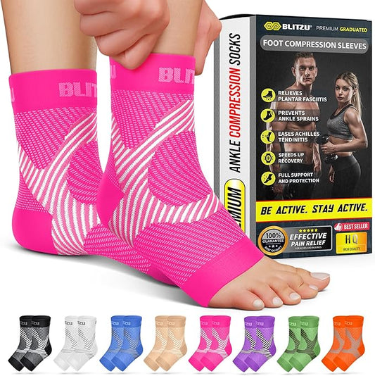 BLITZU Compression Socks for Plantar Fasciitis, Achilles Tendonitis, Arthritis Relief, Ankle Brace Compression Sleeve with Foot Arch Support, Ankle Wrap for Women, Men, Swelling & Heel Pain Pink S-M