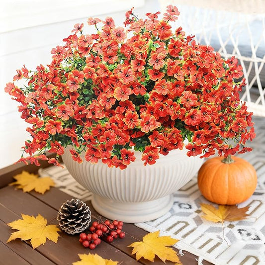 16 Bundles Artificial Flowers – UV Resistant Faux Mums in Orange for Garden, Patio, Porch & Home Décor, Realistic Fake Flowers for Wedding & Yard Decoration