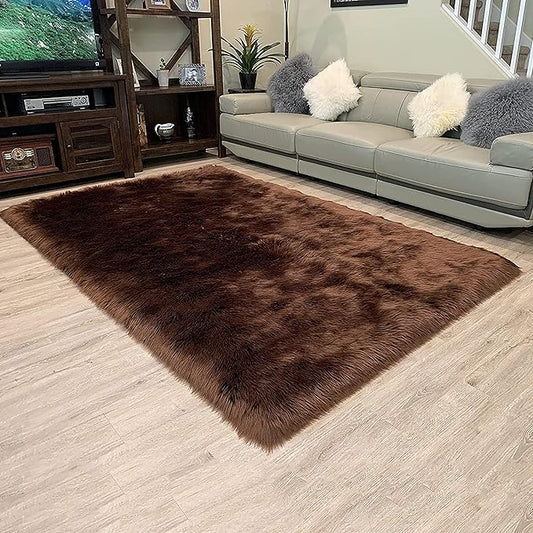 LAMBZY High Pile Super Soft Faux Sheepskin Rug (4'x6', Brown)