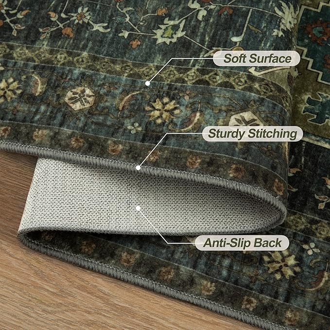 2x4 Washable Kitchen Rug Oriental Non Slip Small Rug for Entryway Vintage Front Door Mat Indoor Entrance, Print Throw Rugs Olive Green, Soft Low Pile Rugs Small Carpet for Entry Bedroom Bathroom