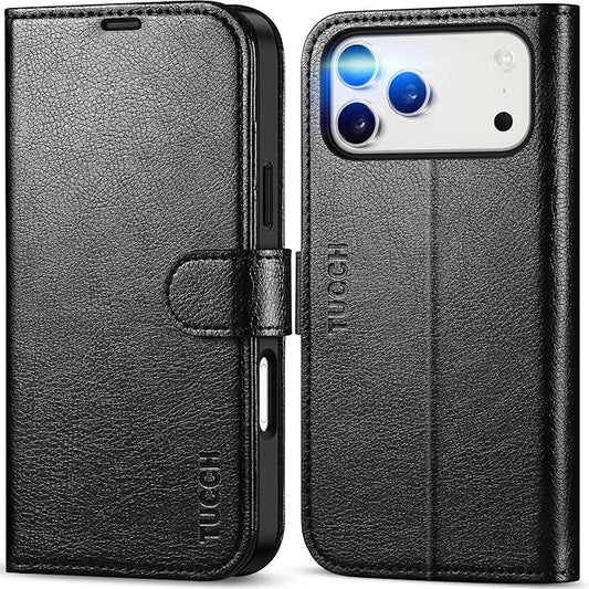 TUCCH Case Wallet for iPhone 17 Pro Max (6.9-Inch) 2025, RFID Blocking 4 Card Slots, Kickstand, Magnetic Closure, PU Leather, Shockproof TPU Shell, Protective Folio Cover, Textured Black