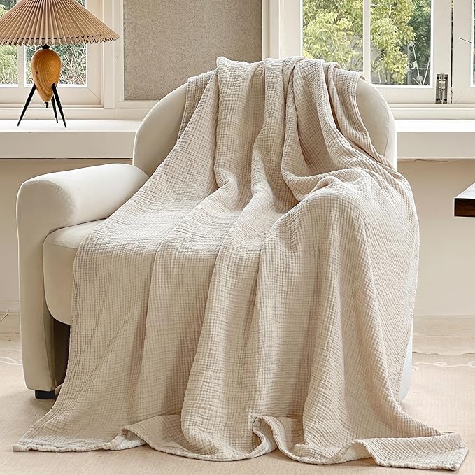 FALUCA Cotton Muslin Reversible Blanket King Size for Bed, Couch, Four Layers Blanket, Soft Lightweight Cozy Breathable Farmhouse Decoration for All-Season, Khaki