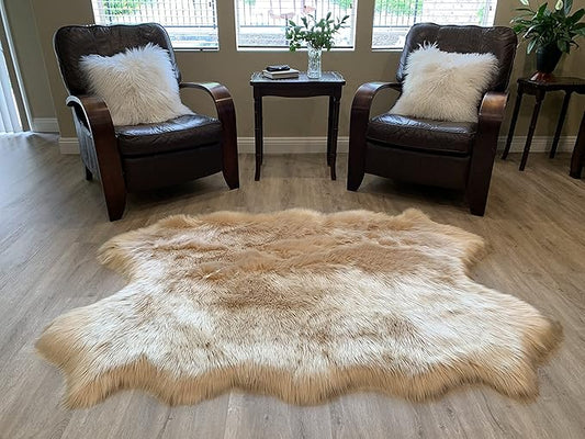 LAMBZY Faux Sheepskin Super Soft Hypoallergenic Silky Shag Rug for Living Room, Kids Room, Sofa (Quarto 4 Pelts 4'x6', Beige)