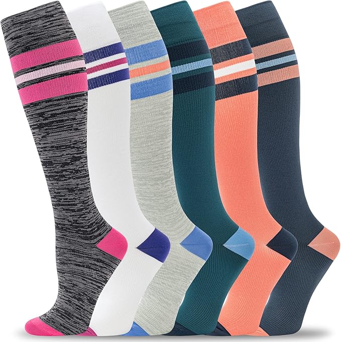 fenglaoda Compression Socks Women Men 6 Pairs, Knee High Best Support Circulation Socks for Running, Travel, Flight, Nurse