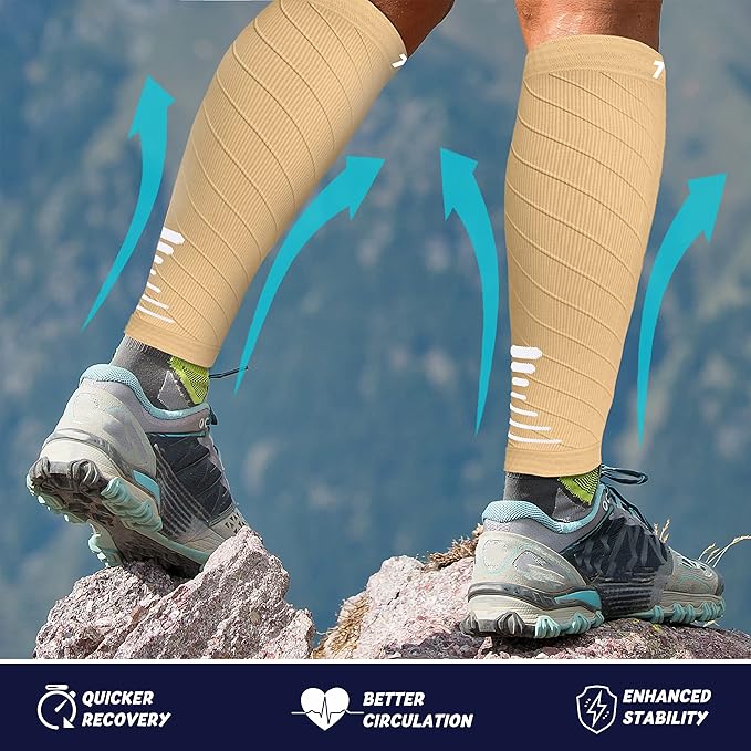 Thoxcare Calf Compression Sleeve for Men Women (2 Pairs), Leg Support Footless Compression Socks for Running - Shin Splint Varicose Veins Swelling & Pain Relief, Beige/White, X-Large