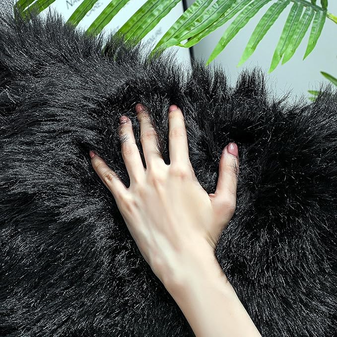 Faux Fur Rug Sheepskin Shag Fluffy Fuzzy Black 3x4 ft Rugs for Bedroom Bedside Bed Floor Living Room Plush Rectangle High-Density Cushion Carpet Super Sofa Cover