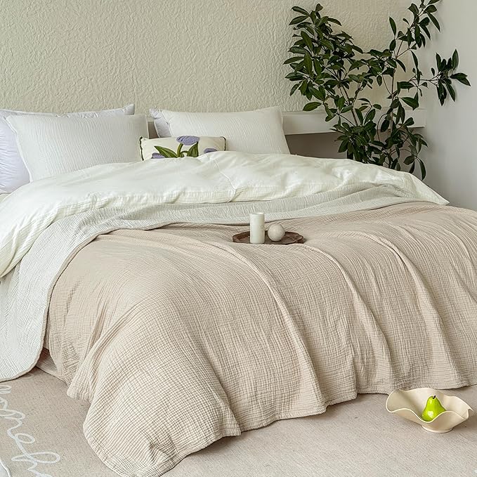 FALUCA Cotton Muslin Reversible Blanket 50x60 Inches for Bed, Couch, Four Layers Blanket, Soft Lightweight Cozy Breathable Farmhouse Decoration for All-Season, Khaki