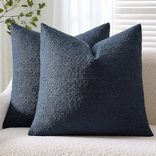 ANRODUO Pack of 2 Textured Boucle Throw Pillow Covers Soft Navy Blue Euro Decorative Accent Solid Pillow Cases Cozy Modern Couch Cushion Case for Bed Sofa Bedroom Living Room Home Decor, 26 x 26 Inch