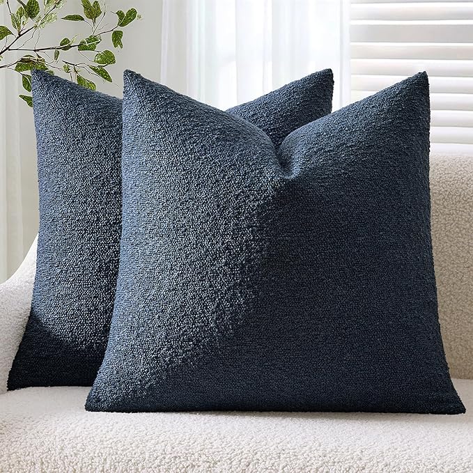 ANRODUO Pack of 2 Textured Boucle Throw Pillow Covers Soft Navy Blue Decorative Accent Solid Pillow Cases Cozy Modern Couch Cushion Case for Chair Sofa Bedroom Living Room Home Decor, 18 x 18 Inch