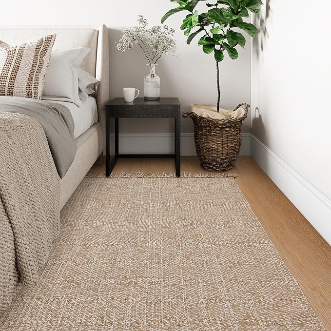 Collive Comfy Area Rug 4' x 6', Tan/Cream Woven Cotton Bedroom Rugs, Modern Indoor Accent Rug Floor Carpet with Tassel for Living Room, Nursery Room, Dining Room, Bedside, Office, Patio Decor