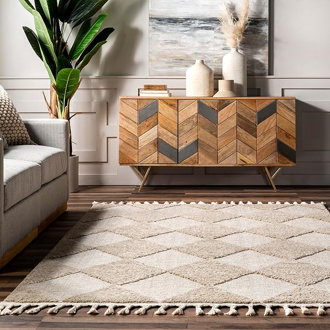 Nuloom Marissa Beige/Ivory, 2'6" x 10', Diamond, Tassel, Soft and Cozy, High Traffic, Stain Resistant, Easy Clean, Durable Runner for Bedroom, Living Room, Dining Space, Den, Foyer, Entryway