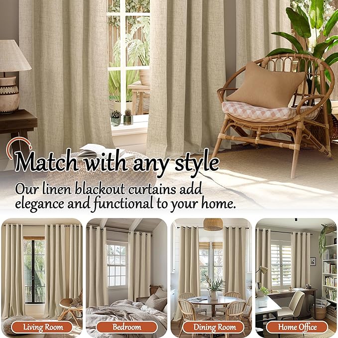 Lajode Linen Blackout Curtains for Living Room Narrow Window, Thermal Insulated Complete Light Blocking Soundproof Small Curtains for Bedroom, Each 38 Inch Wide 80 Inch Length 2 Panels, Burlap