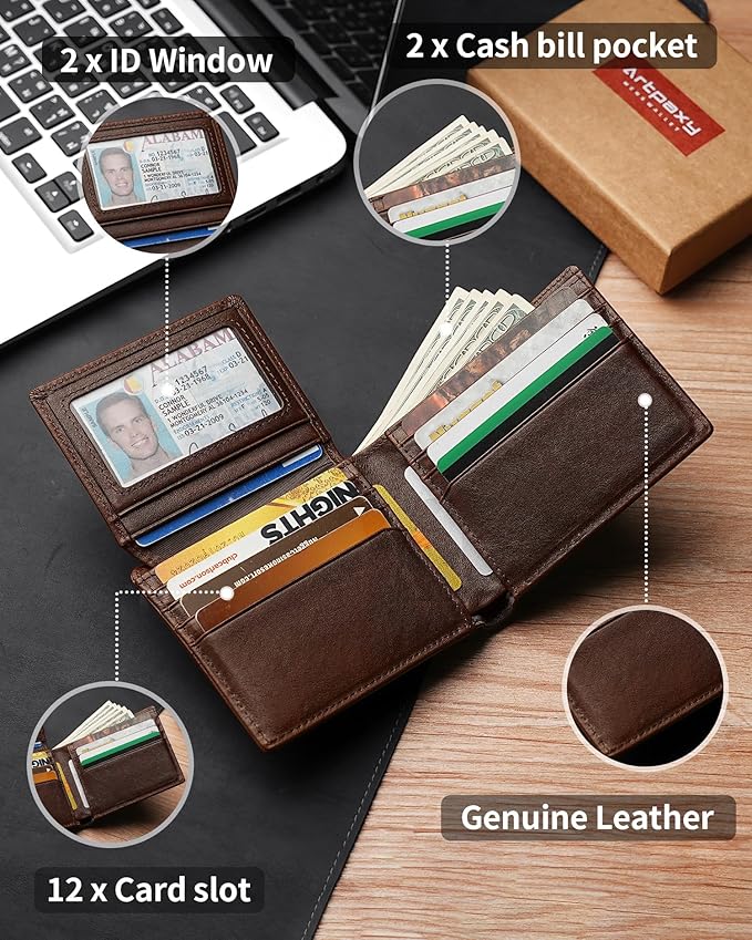 Artpaxy Mens Wallet Genuine Leather Bifold RFID Blocking Wallet for Men with 2 ID Windows 12 Card Holders 2 cash pockets 1 Gift Box