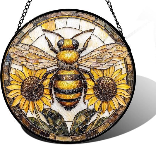 DASTOLL Stained Glass Window Hanging - Bee Sunflower Yellow Suncatcher Ready to Hang Window Doors Home Decoration and Christmas, Mother's Day Birthday Gifts for Women, Men, and Mom 7.8x7.8 in