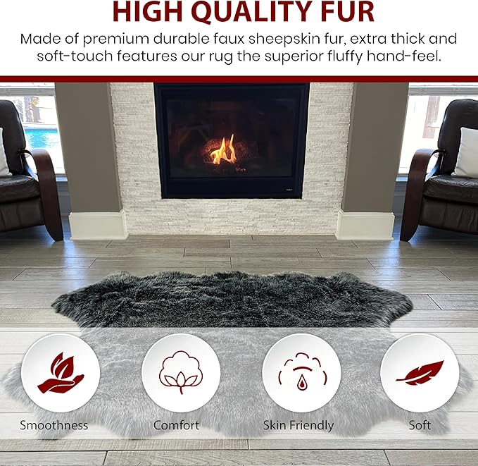 Free Shape Luxury Soft Fluffy Shag Area Rug Double Side by Side 3'x4', 90x120cm - Vegan Fur Ultra Soft Indoor Carpet Nursery Rugs for Bedroom Home Decor, Black with White Tips