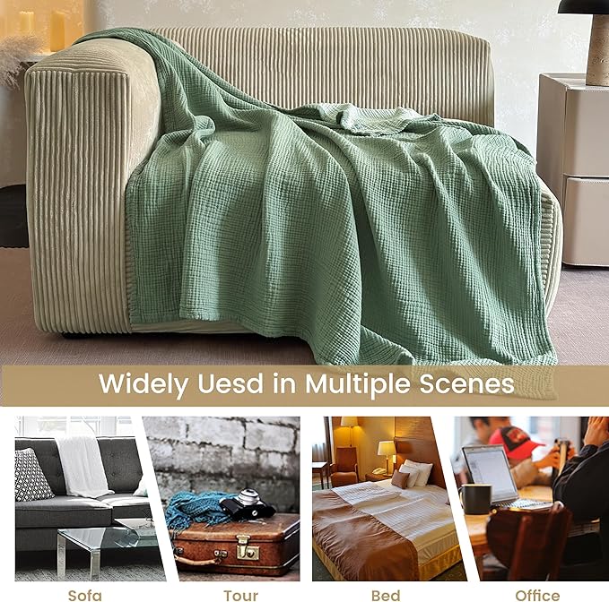 FALUCA Cotton Muslin Reversible Blanket King Size for Bed, Couch, Four Layers Blanket, Soft Lightweight Cozy Breathable Farmhouse Decoration for All-Season, Light Green