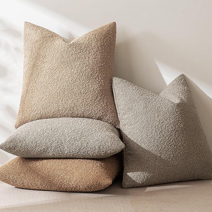 MIULEE 24x24 Decorative Euro Sham Throw Pillows for Bed Set of 2 Textured Boucle Neutral Winter Throw Pillow Covers Light Taupe Accent Solid Couch Pillowcases Sofa Livingroom Home Decor