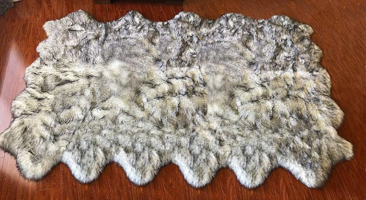 Free Shape Luxury Soft Fluffy Shag Area Rug Duo Decto 12 Pelts 6'x12', 180x360cm - Vegan Fur Ultra Soft Indoor Carpet Nursery Rugs for Bedroom Home Decor, White/Black Tips