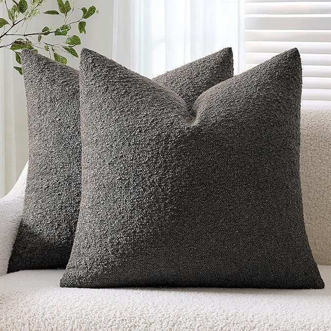 ANRODUO Pack of 2 Textured Boucle Throw Pillow Covers Soft Grey Decorative Accent Solid Pillow Cases Cozy Modern Couch Cushion Case for Chair Sofa Bedroom Living Room Home Decor, 18 x 18 Inch