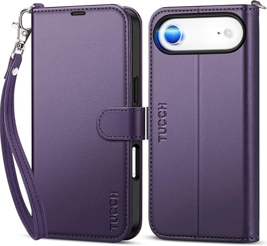 TUCCH Case Wallet for iPhone Air (6.5") 2025, Wrist Strap, Stand, RFID Blocking 4 Card Holder, TPU Shockproof Shell, PU Leather, Magnetic Closure Folio Protective Cover, Deep Purple