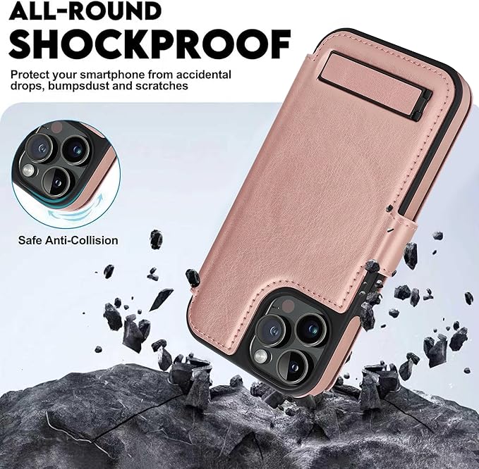 CIVICASE for iPhone 14 Pro Max Wallet Case with Stand,PU Leather Flip Credit Card Holder Slots (RFID Blocking),Compatible with Magsafe Magnetic Holder Phone Cover Women Men,Rose Gold